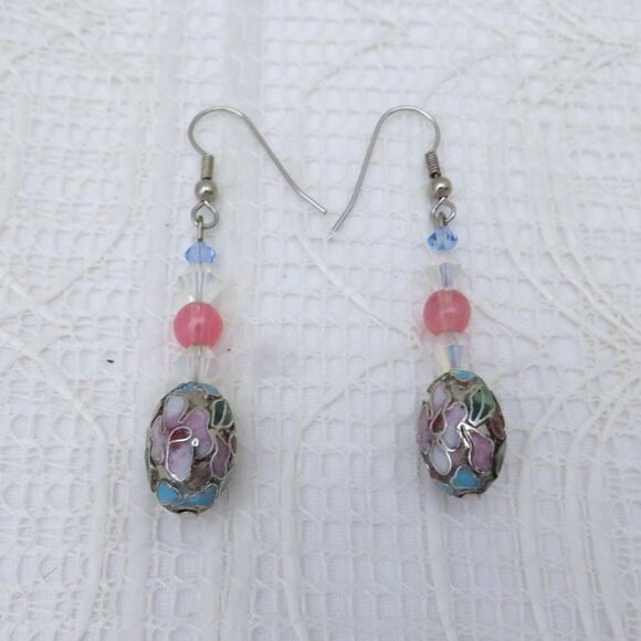 Handmade Dangle Earrings, Blue Cloisonne Bead, Crystal, Dressy Business Jewelry - Picture 1 of 7